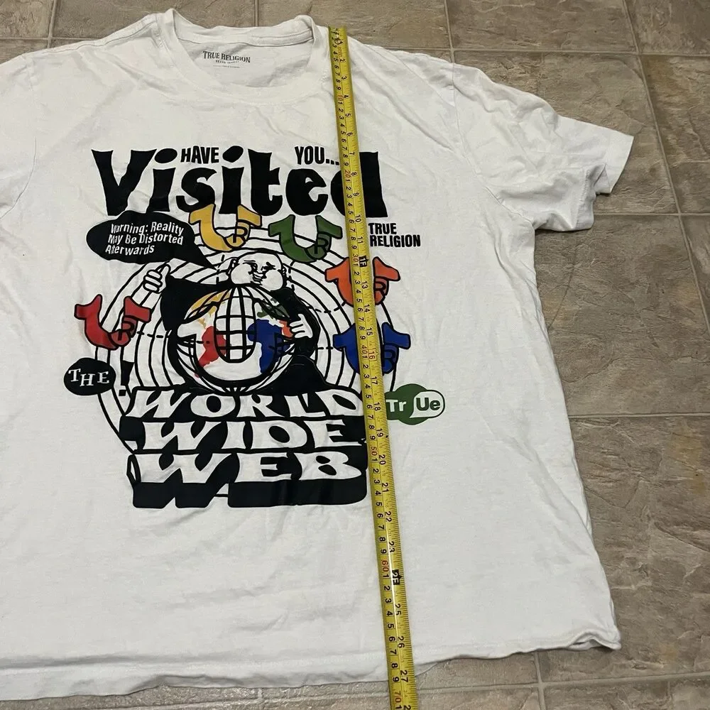 True Religion Mens XL White Distorted World Wide Web Graphic T-Shirt Buddha Tee